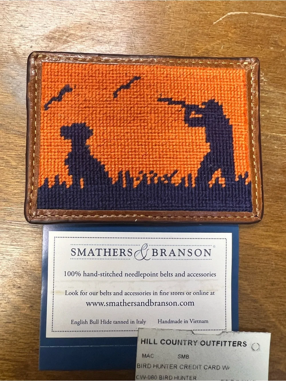 Smathers & Branson Needlepoint Bird Hunter Card Wallet - Orange & Navy NWT